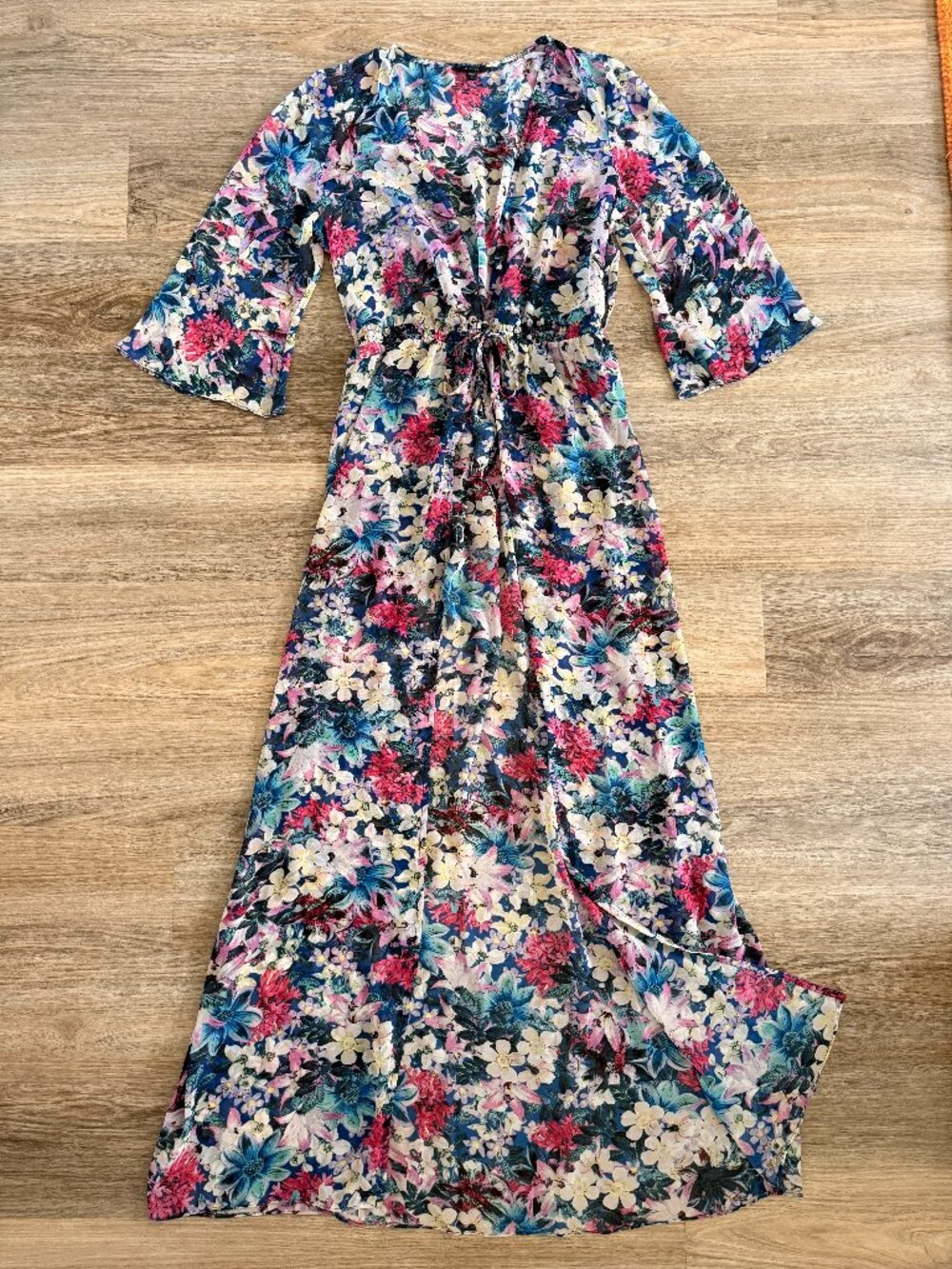 Guess Floral Sheer Maxi Layering Piece — Tie, Button Detail, Sheer, Size M